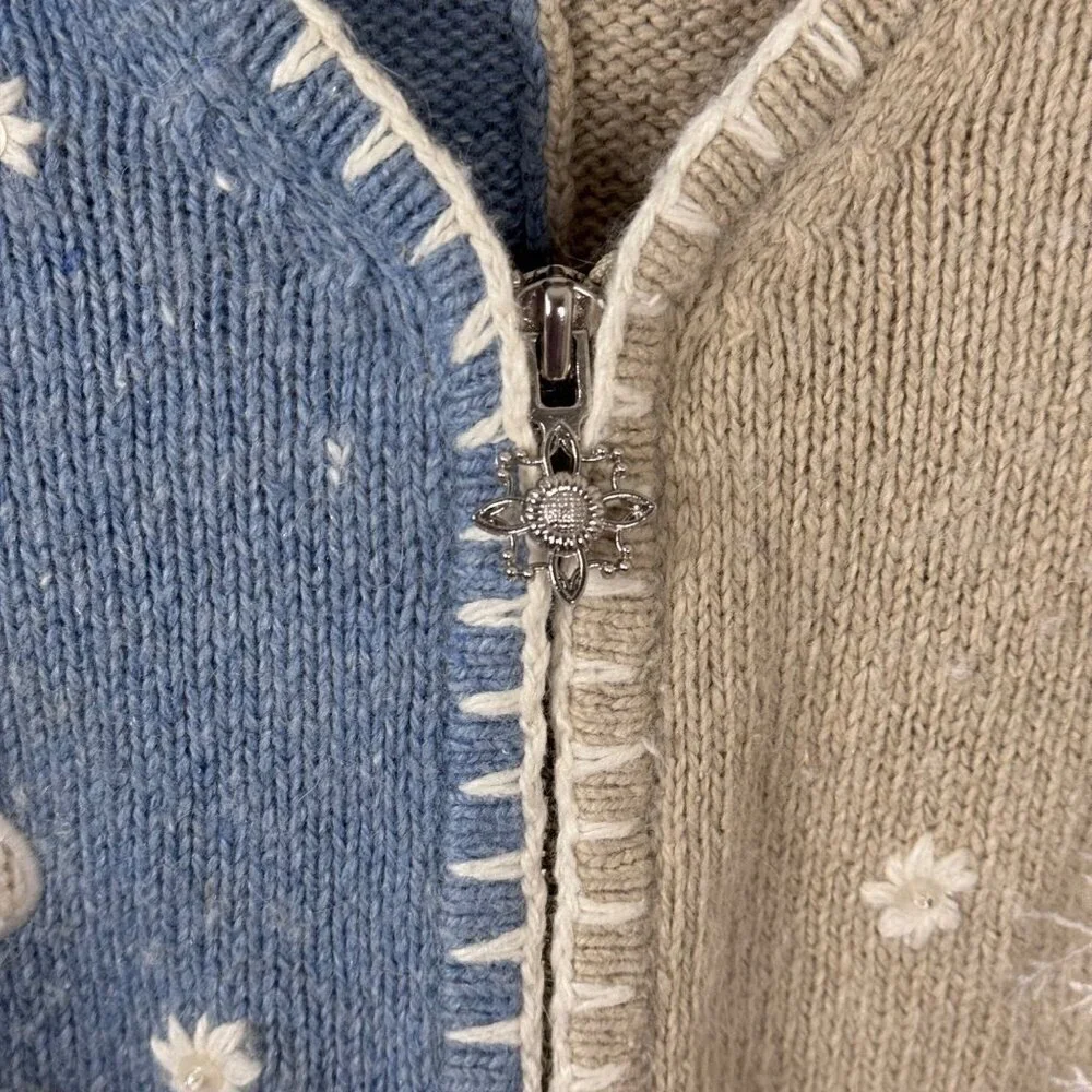 Christopher & Banks Angora Snowflake Embroidered Cardigan Blue Beige White M EUC - Picture 3 of 9